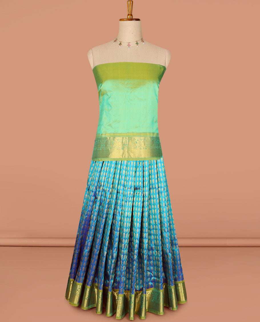 Blue zari buttas pure-silk half saree, contrast border & blouse of floral,manga & mayil kann & zari design dhavani