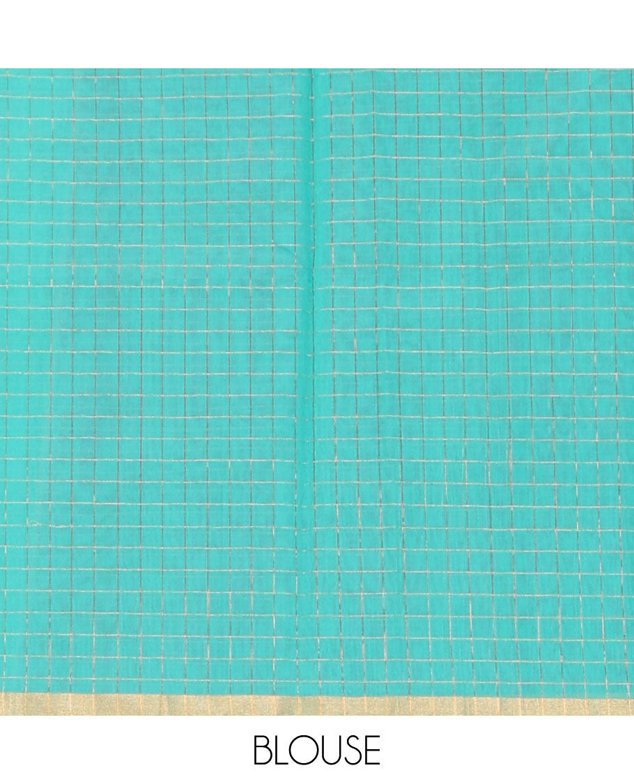 Red zari buttas and checked silk cotton saree, zari piping border, and contrast leaf patterned pallu