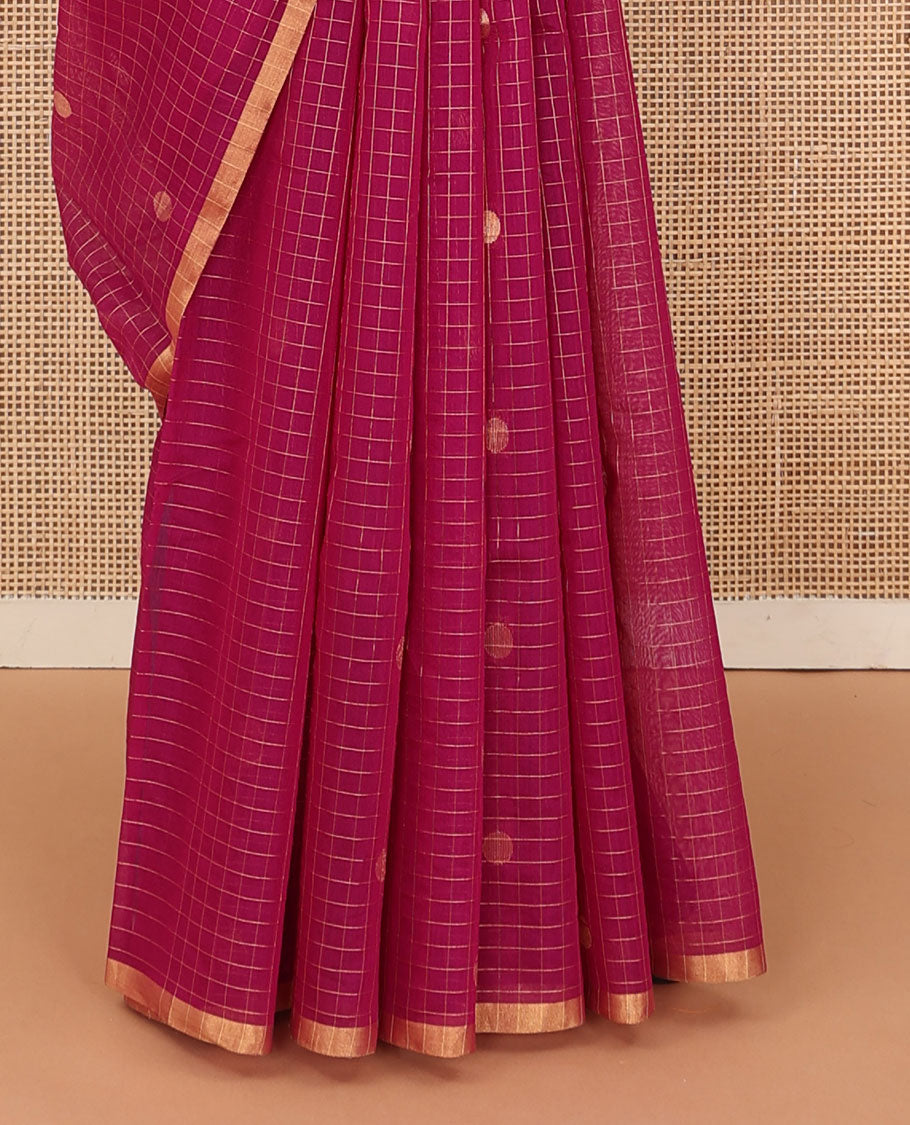 Red zari buttas and checked silk cotton saree, zari piping border, and contrast leaf patterned pallu