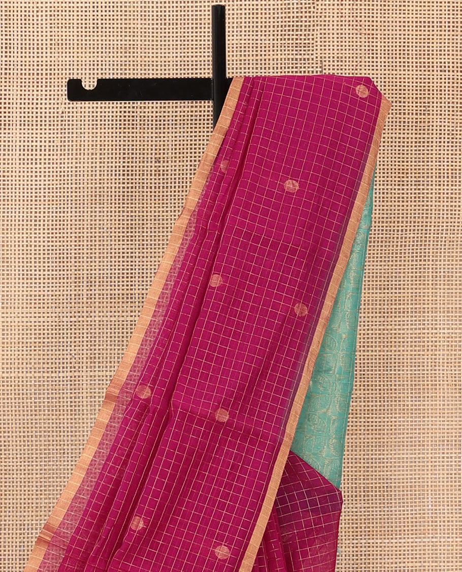 Red zari buttas and checked silk cotton saree, zari piping border, and contrast leaf patterned pallu