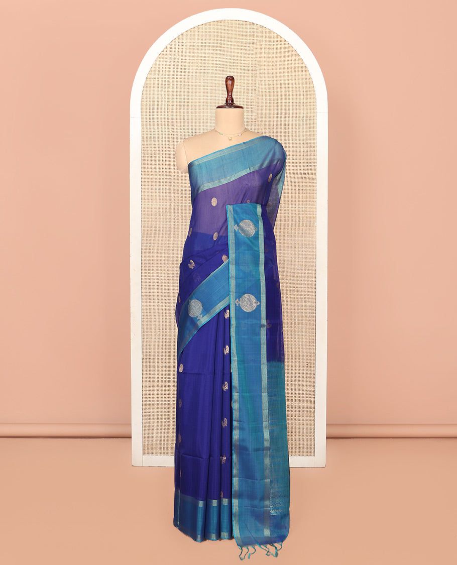Blue Silk Cotton Saree, Artfully Woven with Peacock and Rudraksham Motifs On Its Body, Complemented by Contrast Zari Motifs Woven Border, Geometric Zari Patterned Pallu and Paired with a Contrast Blouse