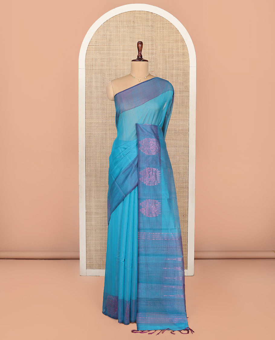Blue Silk Saree, Subtly Woven with Buttas All Over Its Body, Complemented by Contrast Peacock Charriot Motifs Woven Border, Temple Design Pallu and Paired with a Contrast Blouse