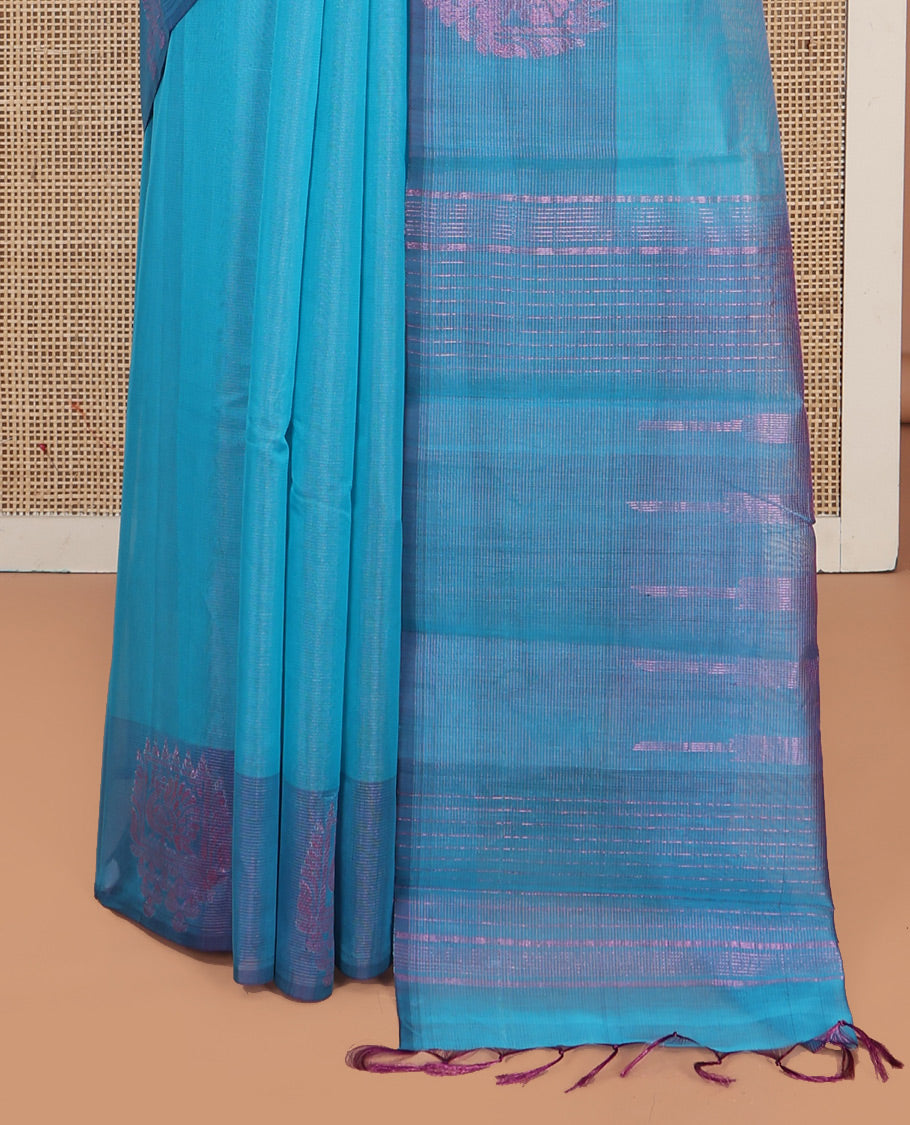 Blue Silk Saree, Subtly Woven with Buttas All Over Its Body, Complemented by Contrast Peacock Charriot Motifs Woven Border, Temple Design Pallu and Paired with a Contrast Blouse
