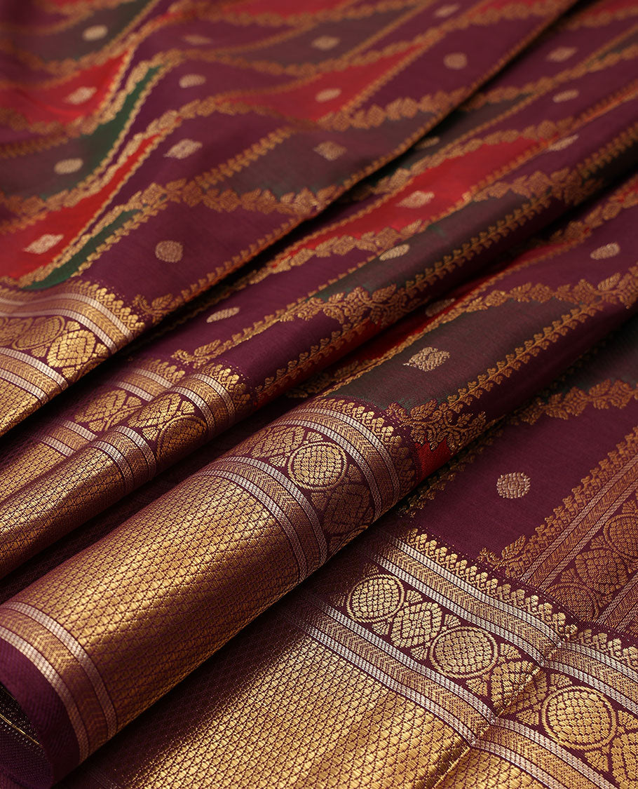 Multi-color ragkat-style annam chakra jacquard silk saree, contrast border of salangai,muthu,kathir,chakra & kuyil kann & geometric patterned pallu