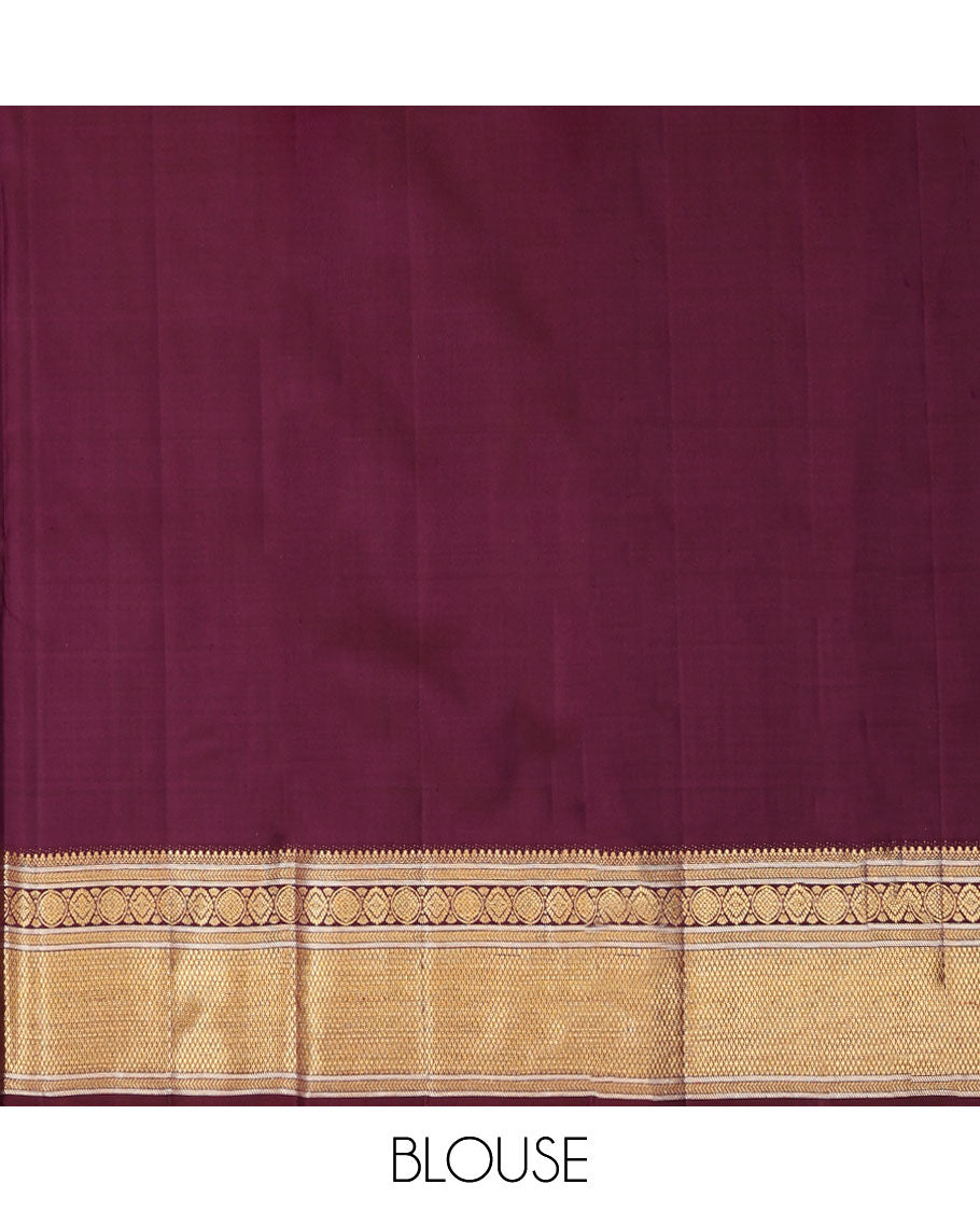 Multi-color ragkat-style annam chakra jacquard silk saree, contrast border of salangai,muthu,kathir,chakra & kuyil kann & geometric patterned pallu