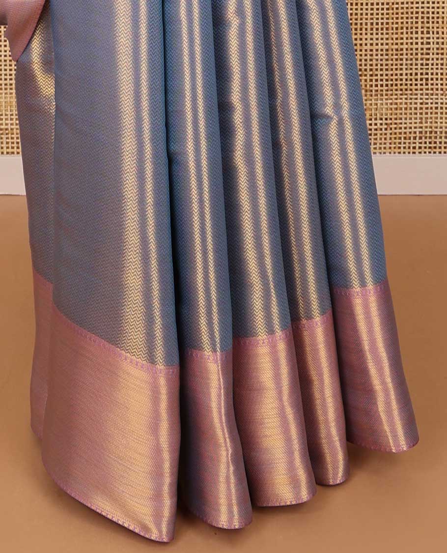 Blue chevron design semi tissue saree with contrast zari design border & striped pallu