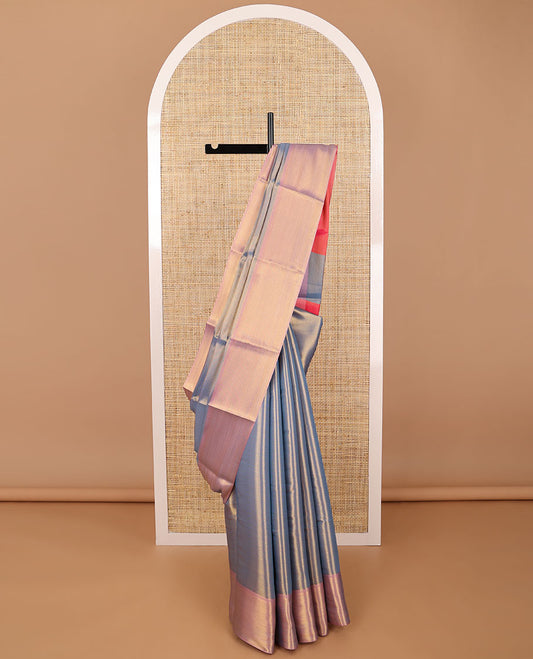 Blue chevron design semi tissue saree with contrast zari design border & striped pallu