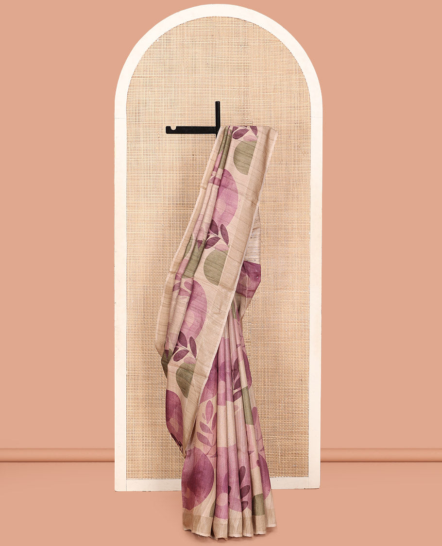 Sandal Tussar Silk Saree, Bedecked with Floral and Circle Motifs Print on Its Body, a Subtle Border, Heathered Pallu, and Paired with a Matching Blouse