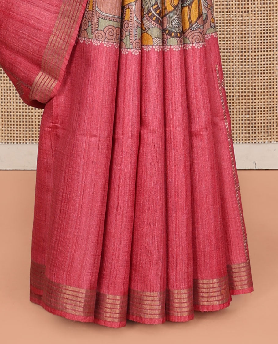 Pink Tussar Silk Saree, Boldly Accentuated with Kalamkari Human Figurines Print, Self-Border, Printed Pallu, and a Contrast-Printed Blouse