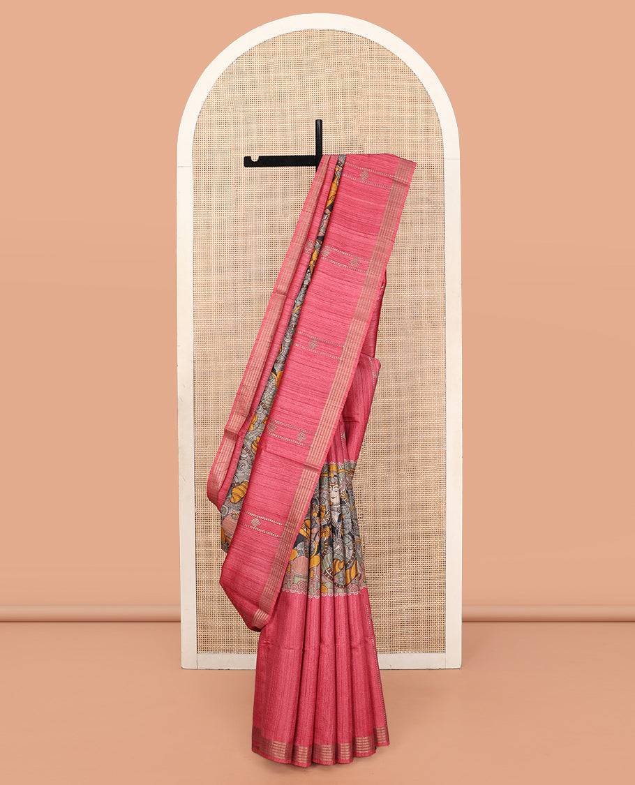 Pink Tussar Silk Saree, Boldly Accentuated with Kalamkari Human Figurines Print, Self-Border, Printed Pallu, and a Contrast-Printed Blouse
