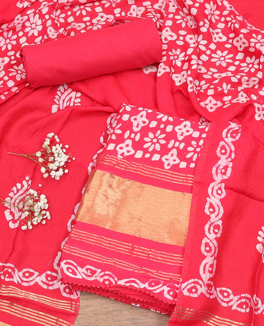 Pink Material Chudidar Set, Adorned with Batik Printed Chanderi Cotton Top, a Plain Cotton Bottom, and Paired with Batik Printed Chanderi Cotton Dupatta