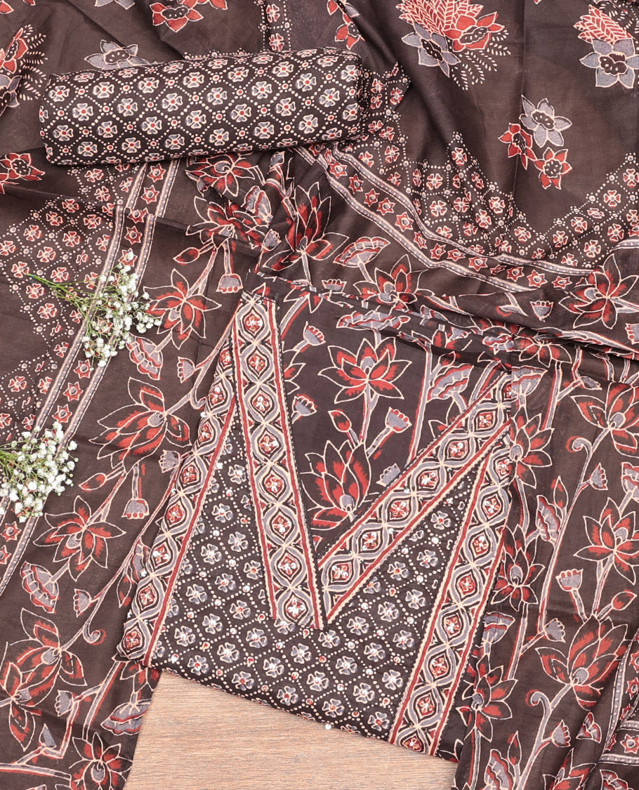 Brown Cotton Material Churidar Set, Bedecked with Floral Printed and V-Neck Top, Printed Bottom, and a Floral Printed Dupatta