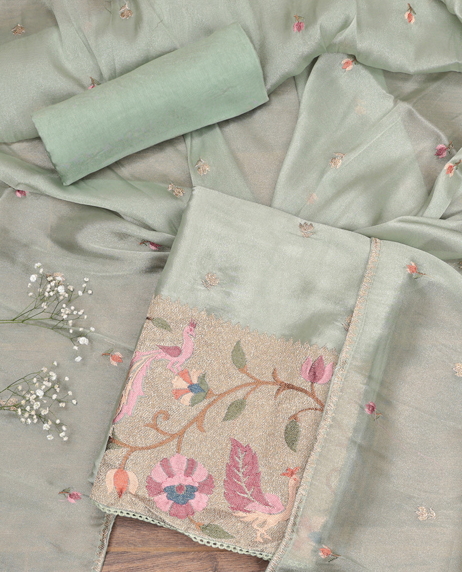 Pale Green Material Churidar Set, Finely Crafted with Zari Buttas and Floral-Bird Embroidery on Its Chanderi Silk Top, a Plain Bottom, and Embroidery Chanderi Silk Dupatta