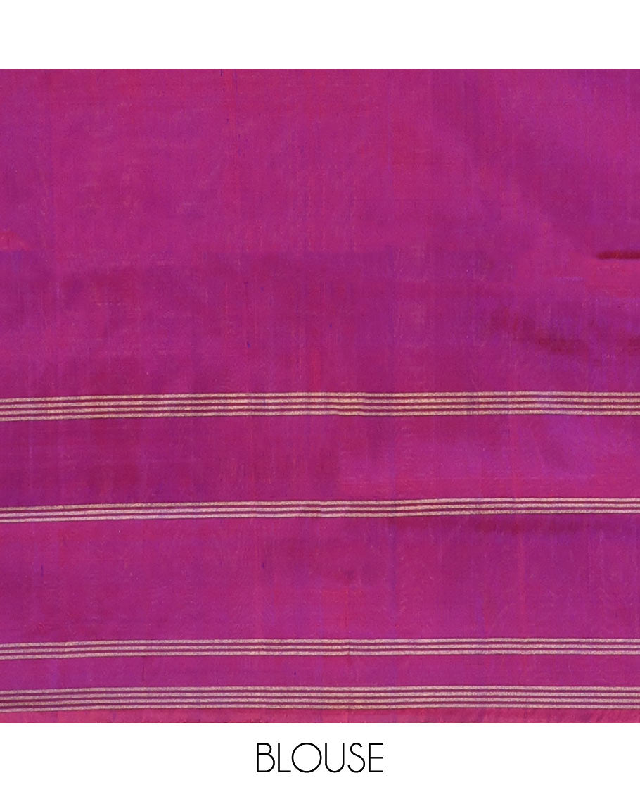 Blue Uppada Silk Saree Enlivened With Zari Buttas, Captivating Contrast Border Featuring Zari Stripes And Peacock Motifs, Pallu Depicting Rose Flower-Enclosed Mughal-Style Arches, And Paired With A Contrast Blouse