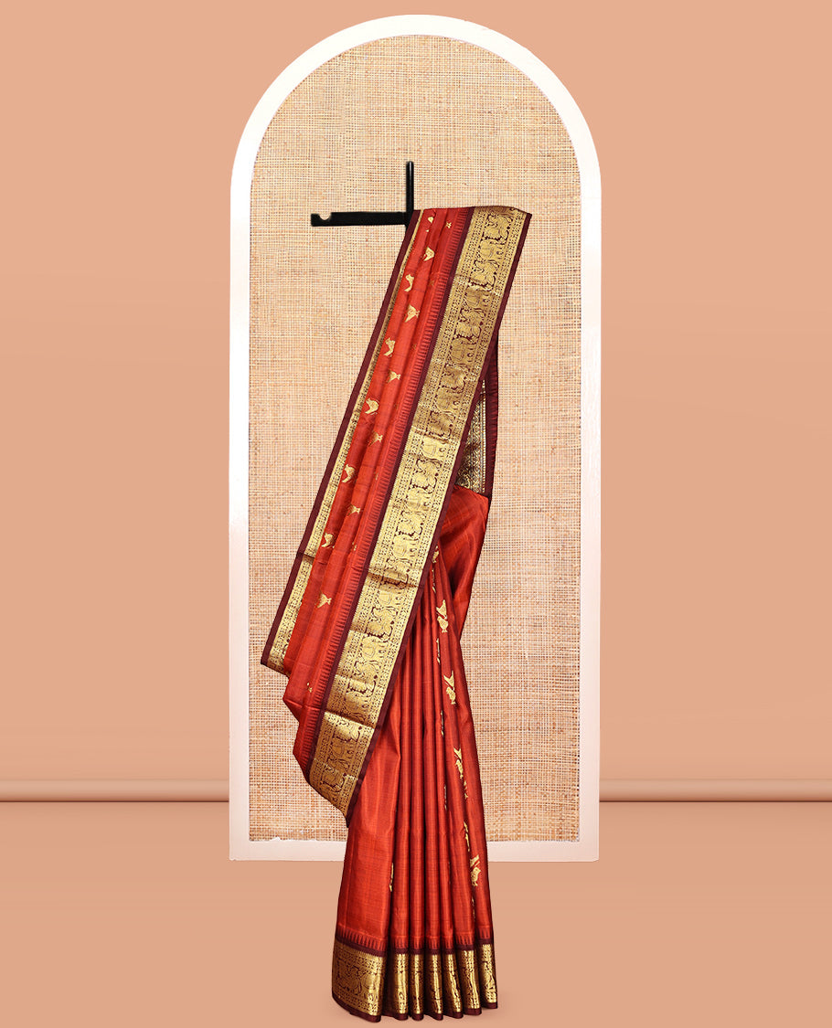 Rust Bird Buttas Venkatagiri Silk Saree, a Contrast Traditional Border, Jaal Pallu, Contrast Blouse