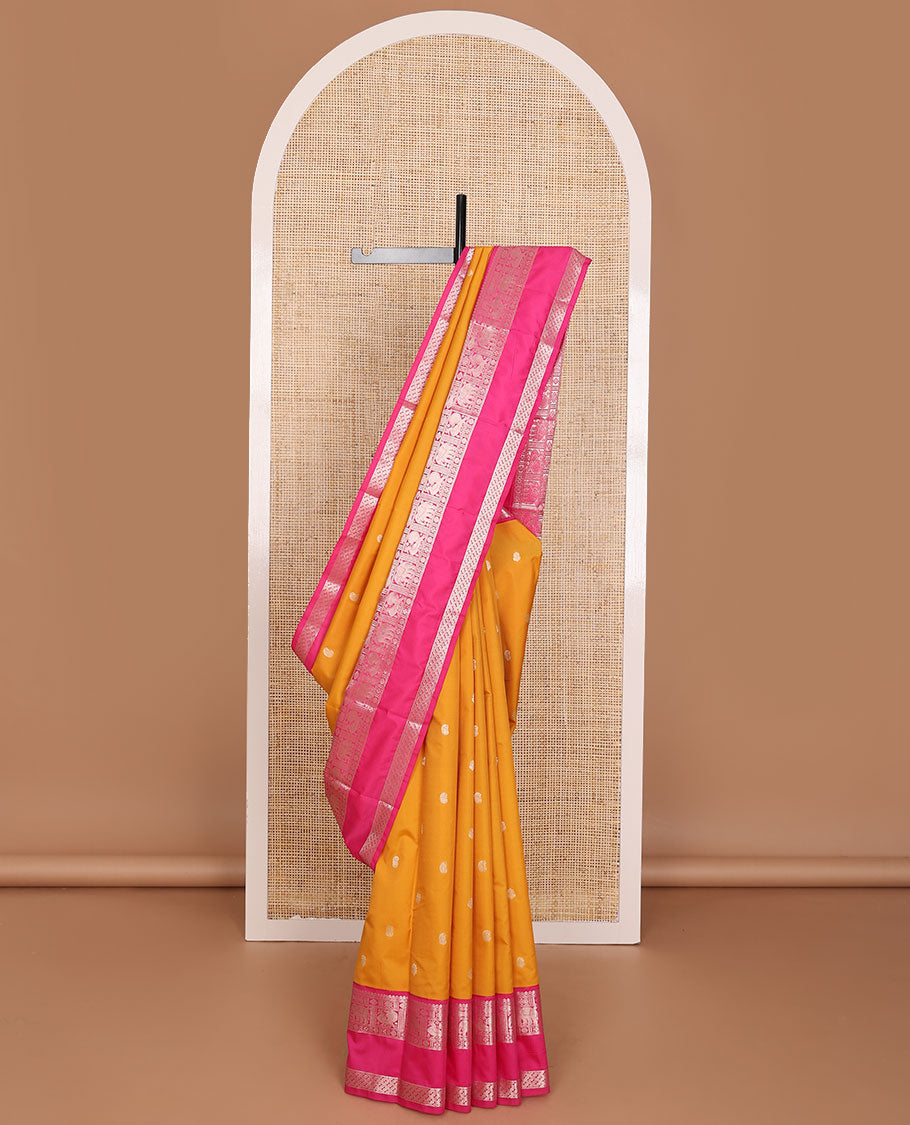 Yellow zari buttas Vasundhara elite silk saree, contrast intricate pallu & rettai pettu border of salngai,meen,mayil & yaanai
