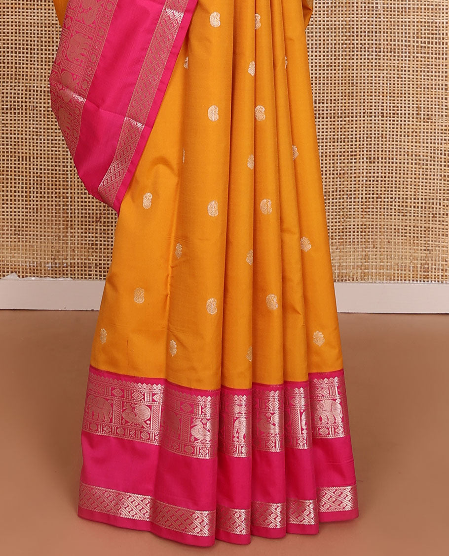 Yellow zari buttas Vasundhara elite silk saree, contrast intricate pallu & rettai pettu border of salngai,meen,mayil & yaanai