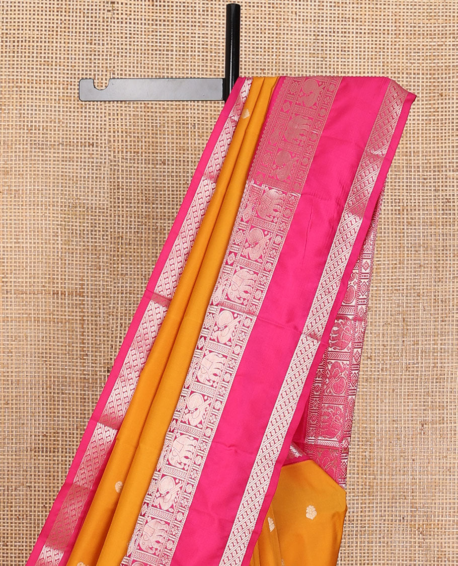Yellow zari buttas Vasundhara elite silk saree, contrast intricate pallu & rettai pettu border of salngai,meen,mayil & yaanai