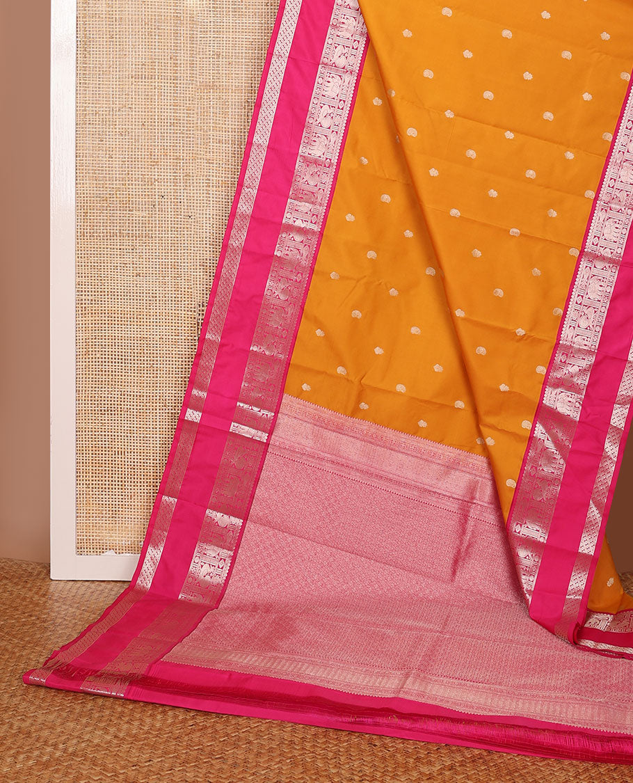 Yellow zari buttas Vasundhara elite silk saree, contrast intricate pallu & rettai pettu border of salngai,meen,mayil & yaanai