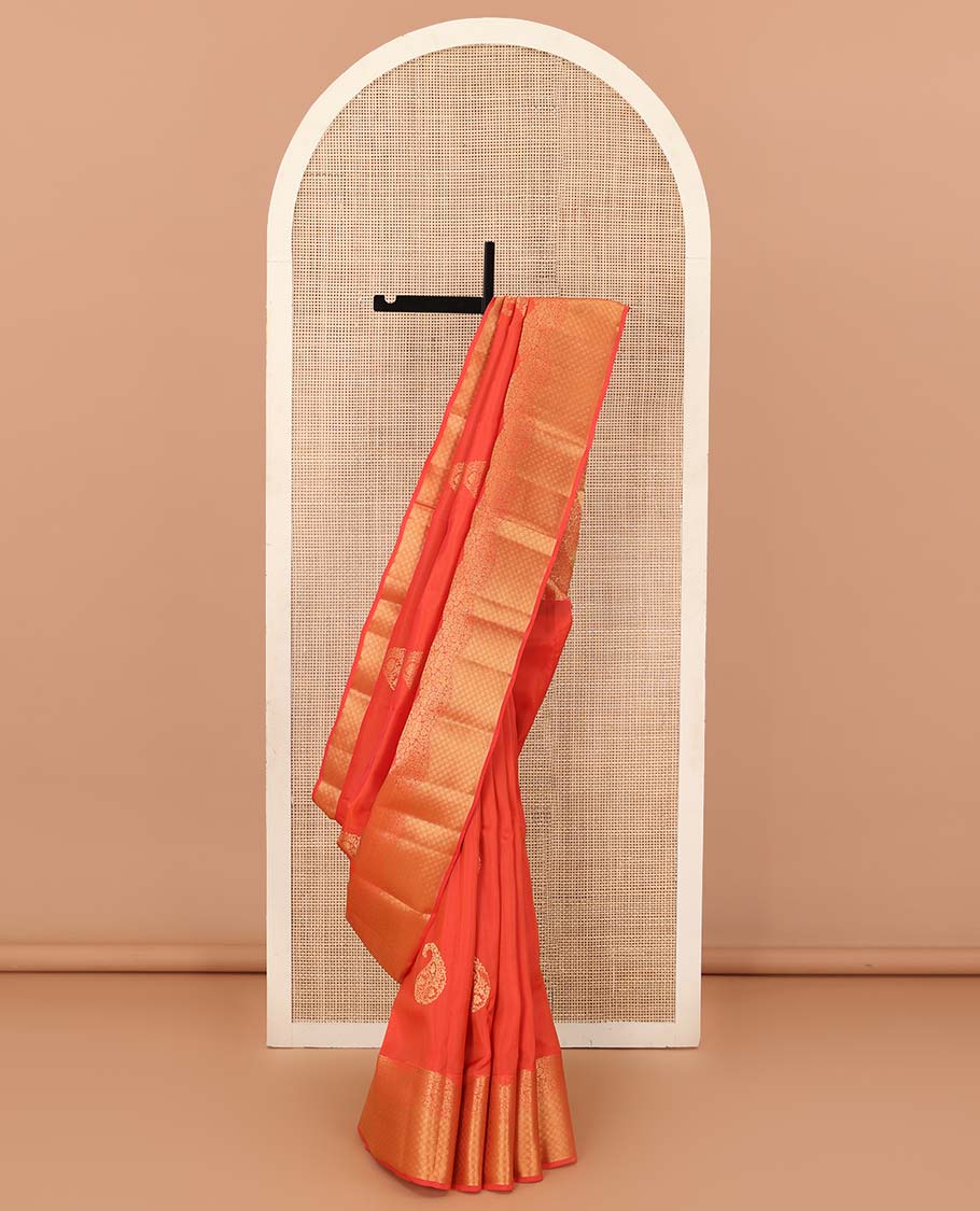 Orange manga buttas Vasundhara silk mix saree, scallop floral vine border of jaal design, and vanki design pallu