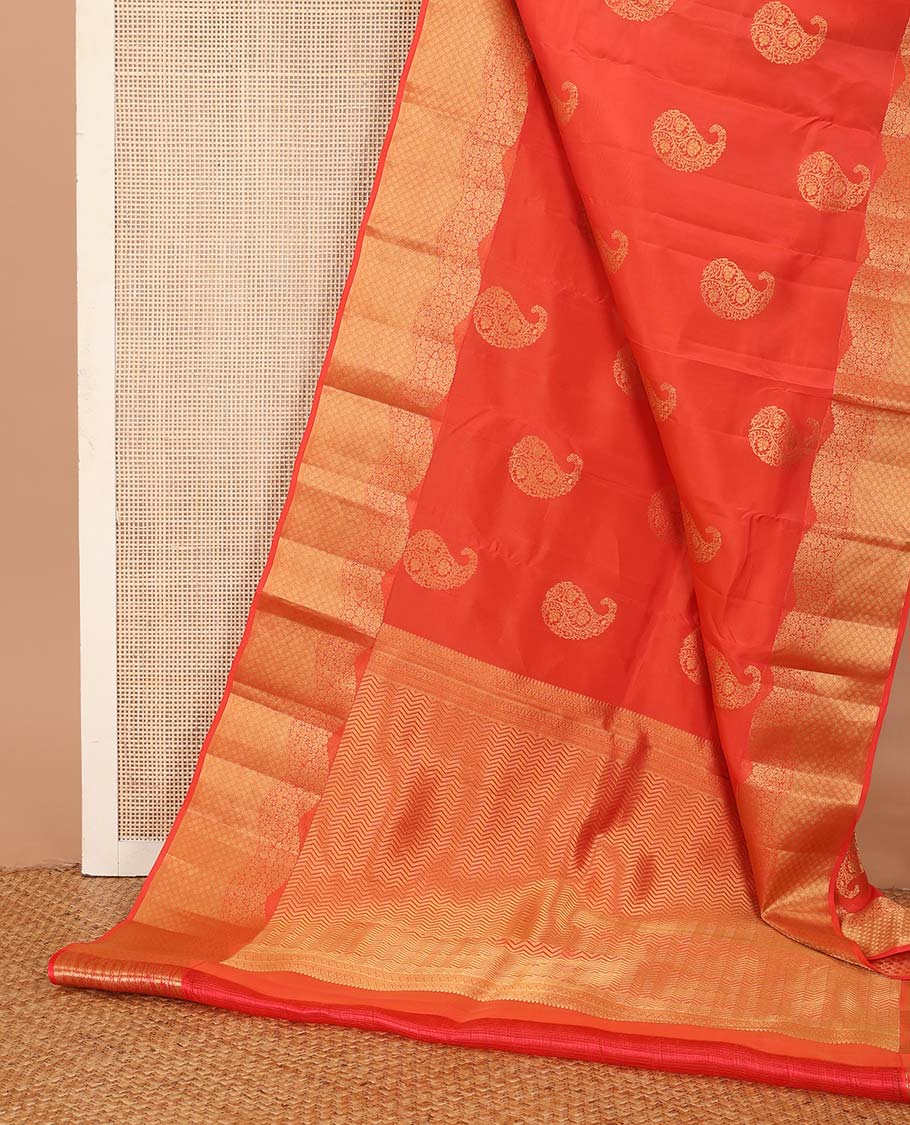 Orange manga buttas Vasundhara silk mix saree, scallop floral vine border of jaal design, and vanki design pallu
