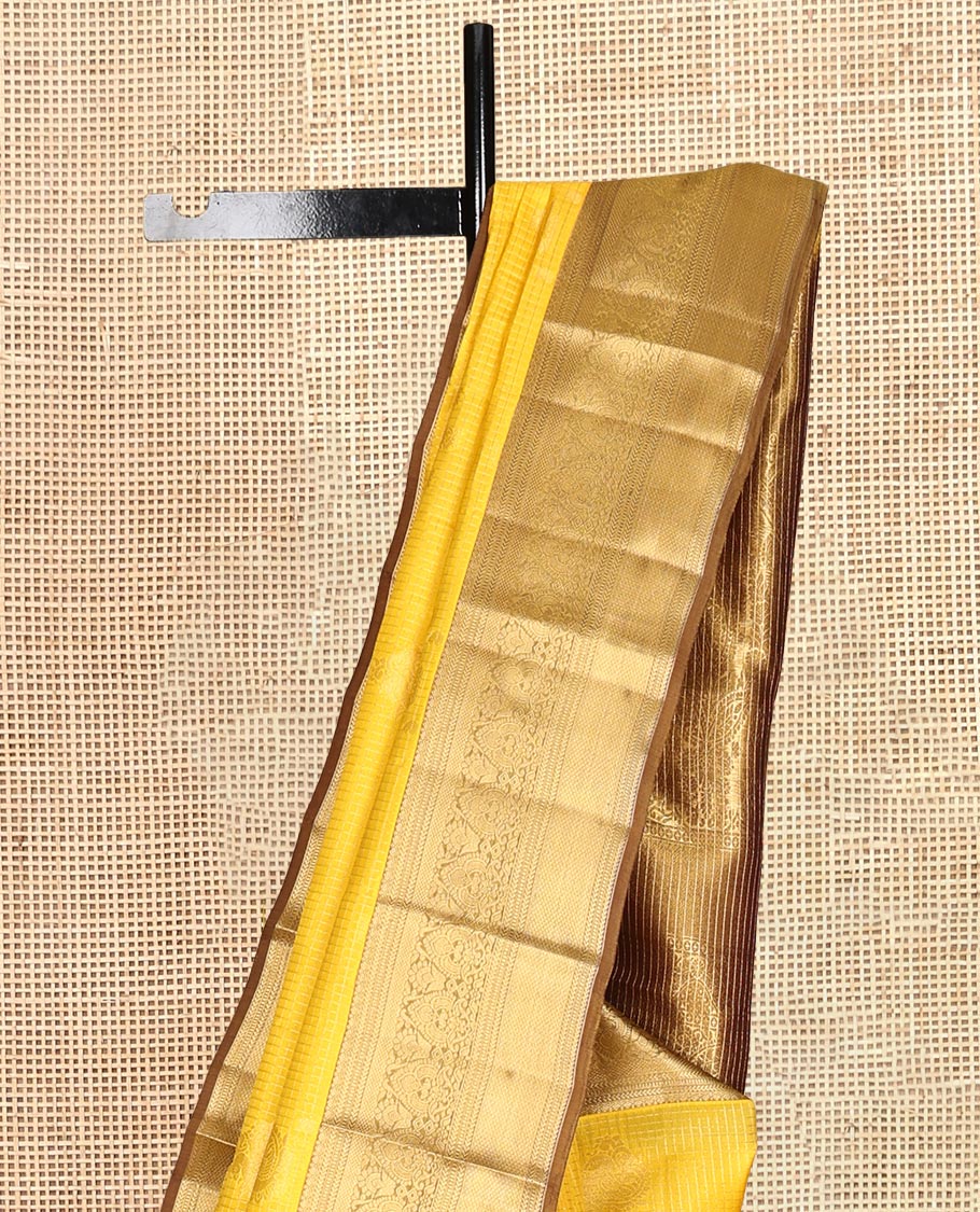 Yellow Vasundhara Lite Silk Mix Saree, Sparsely Woven with Zari Butta Enclosed Checks, a Contrast Traditional Zari Border, Grand Pallu, and a Contrast Blouse