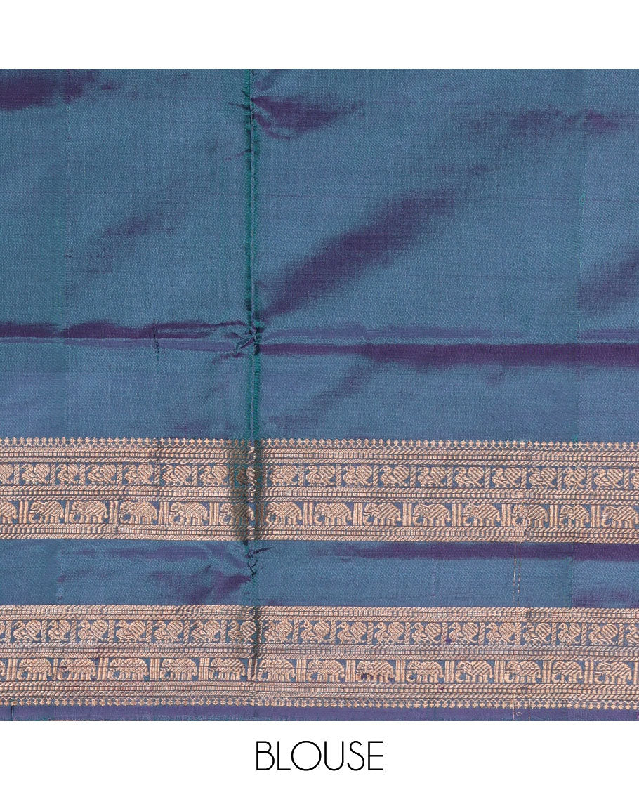 Pink buttas banana pith saree, contrast rettai pettu traditional zari border, and pallu of stripes, and buttas