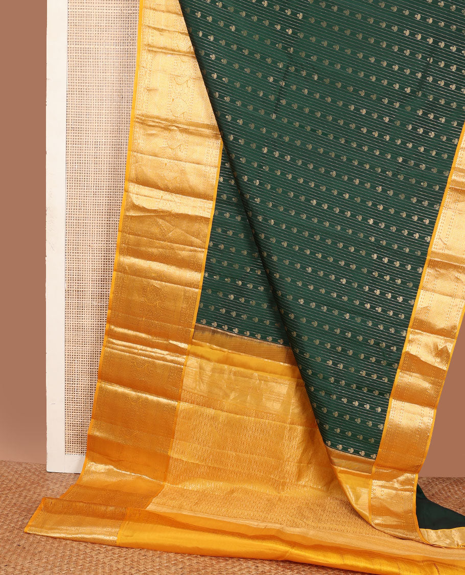 Green zari buttas silk saree, contrast intricate pallu & border of rekku,diamond,lavangam,mayil kann & manga designs