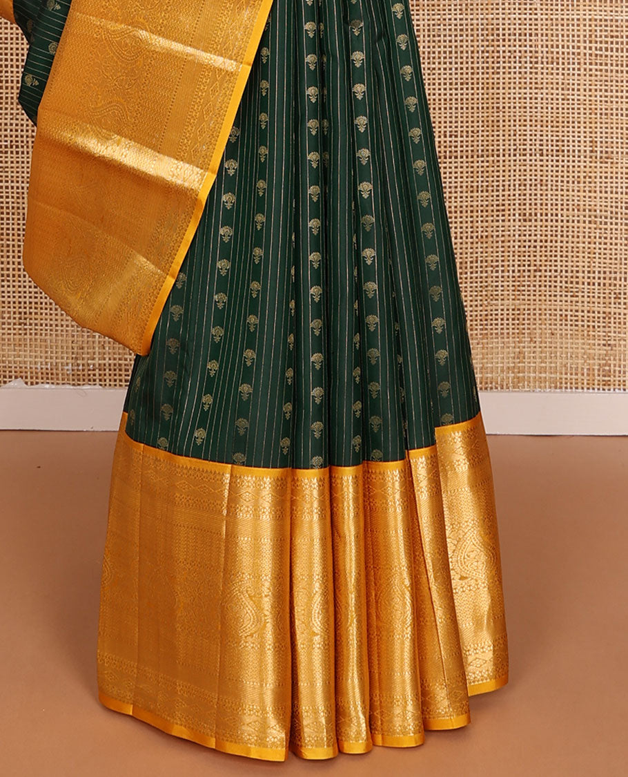 Green zari buttas silk saree, contrast intricate pallu & border of rekku,diamond,lavangam,mayil kann & manga designs