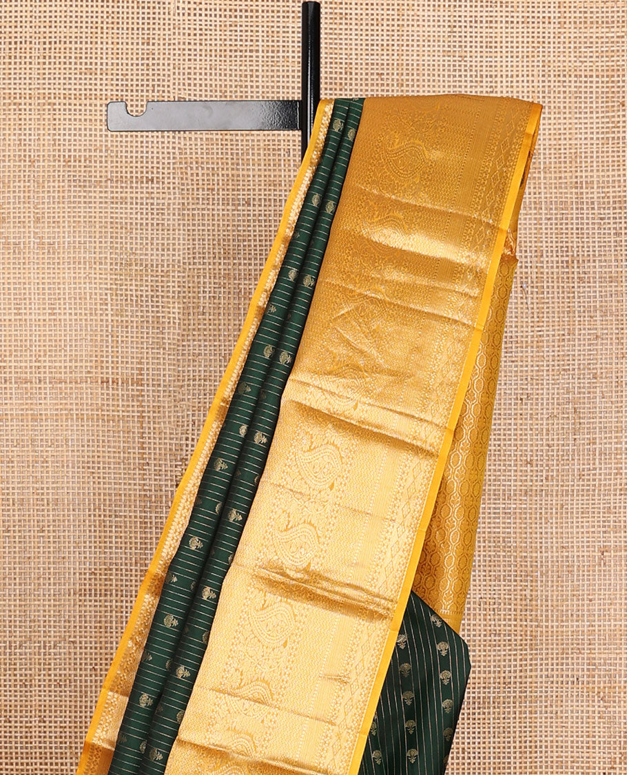 Green zari buttas silk saree, contrast intricate pallu & border of rekku,diamond,lavangam,mayil kann & manga designs