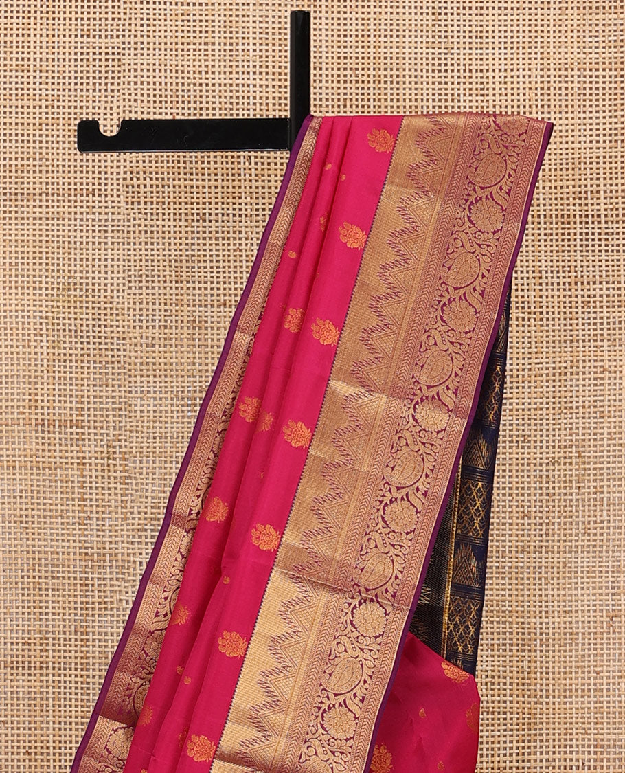 Pink zari buttas silksaree,contrast border of rekku,mayil kann,kathir,muthu floral & paisley design, & pallu of rekku & jaal-like motifs