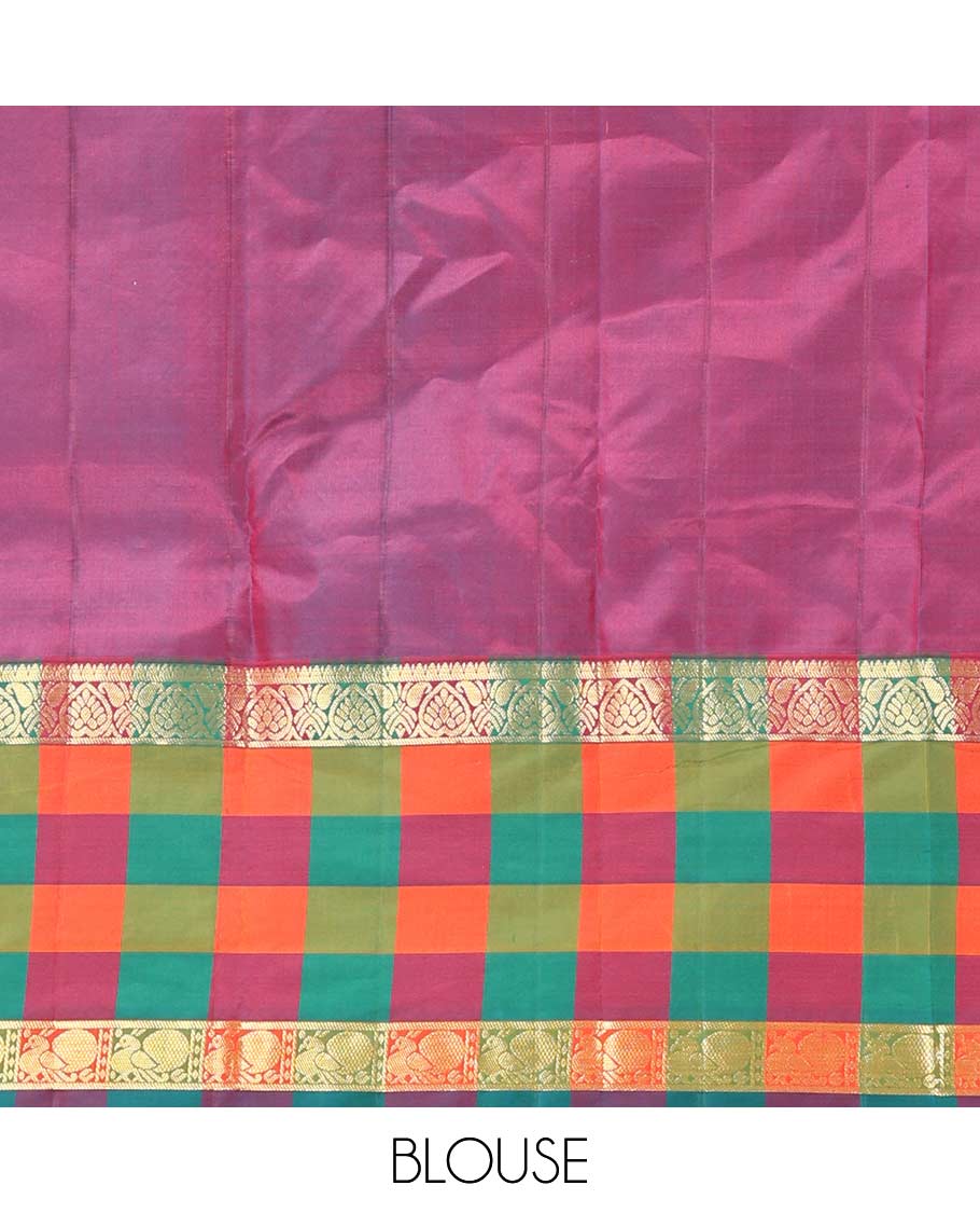 Yellow zari buttas Kanchipuram silk saree, contrast multi-color checked border of jadai nagam, and mayil designs, and contrast zari-rich jaal pallu