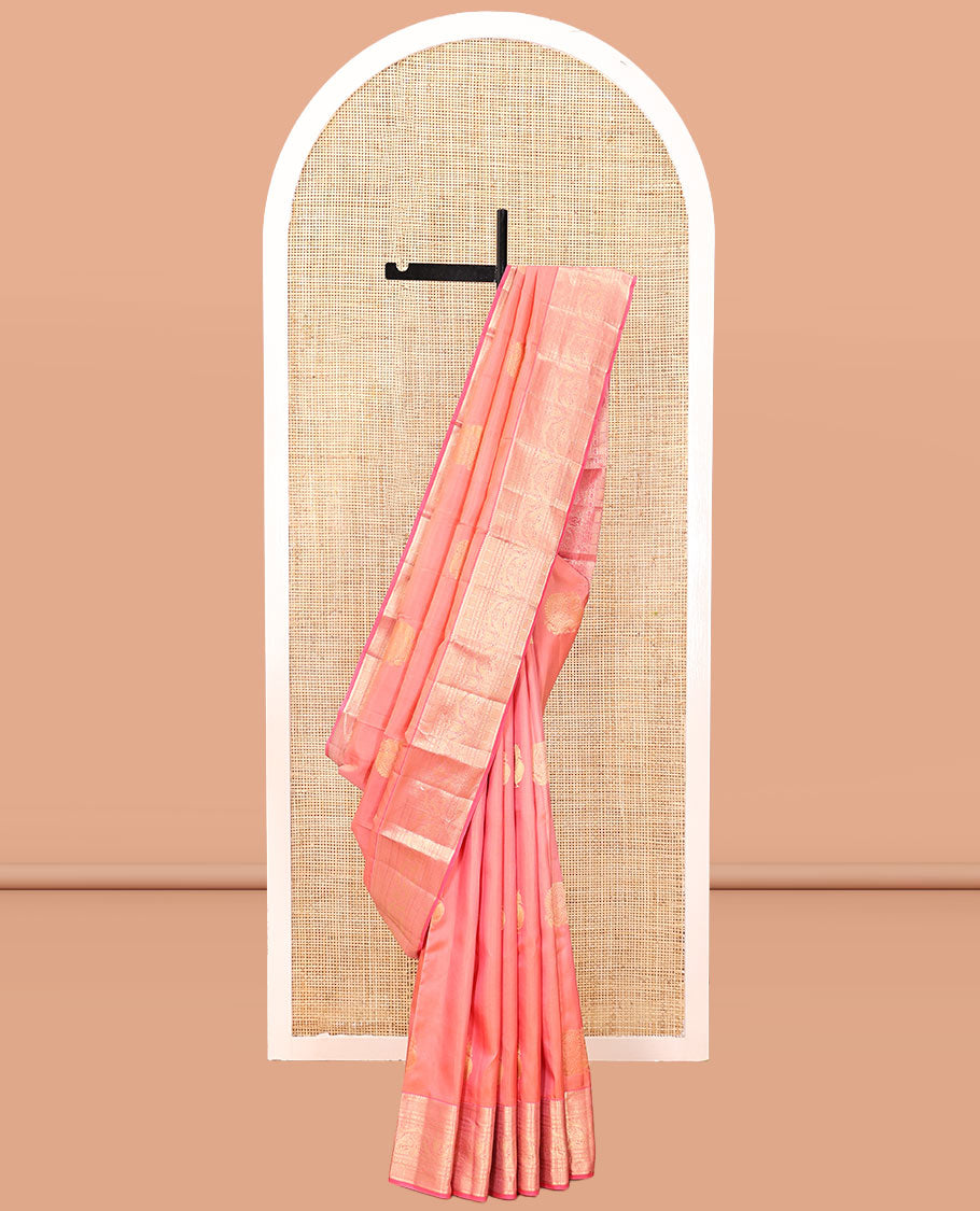 Peach Vasundhara Silk Saree, Delicately Woven with Annam Buttas, Contrast Border of Thilakam, Kathir, Mayil Kann, Kamalam, Mayil, and Yaali, Grand Pallu, and a Matching Blouse