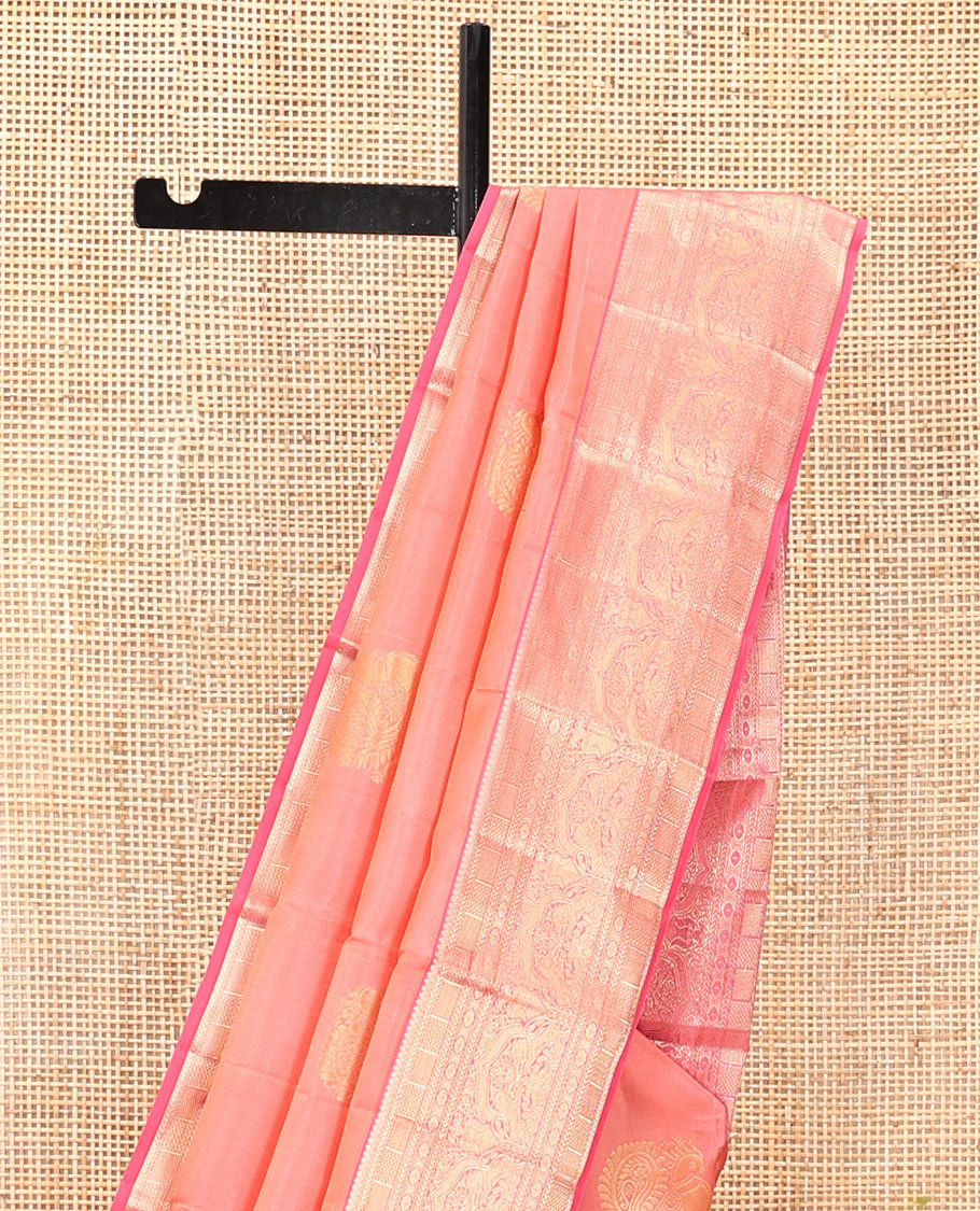 Peach Vasundhara Silk Saree, Delicately Woven with Annam Buttas, Contrast Border of Thilakam, Kathir, Mayil Kann, Kamalam, Mayil, and Yaali, Grand Pallu, and a Matching Blouse
