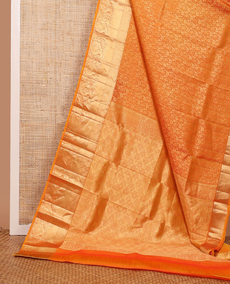 Orange floral jacquard wedding silk saree, uniquely zari woven pallu & zari border of rekku, floral & paisley designs