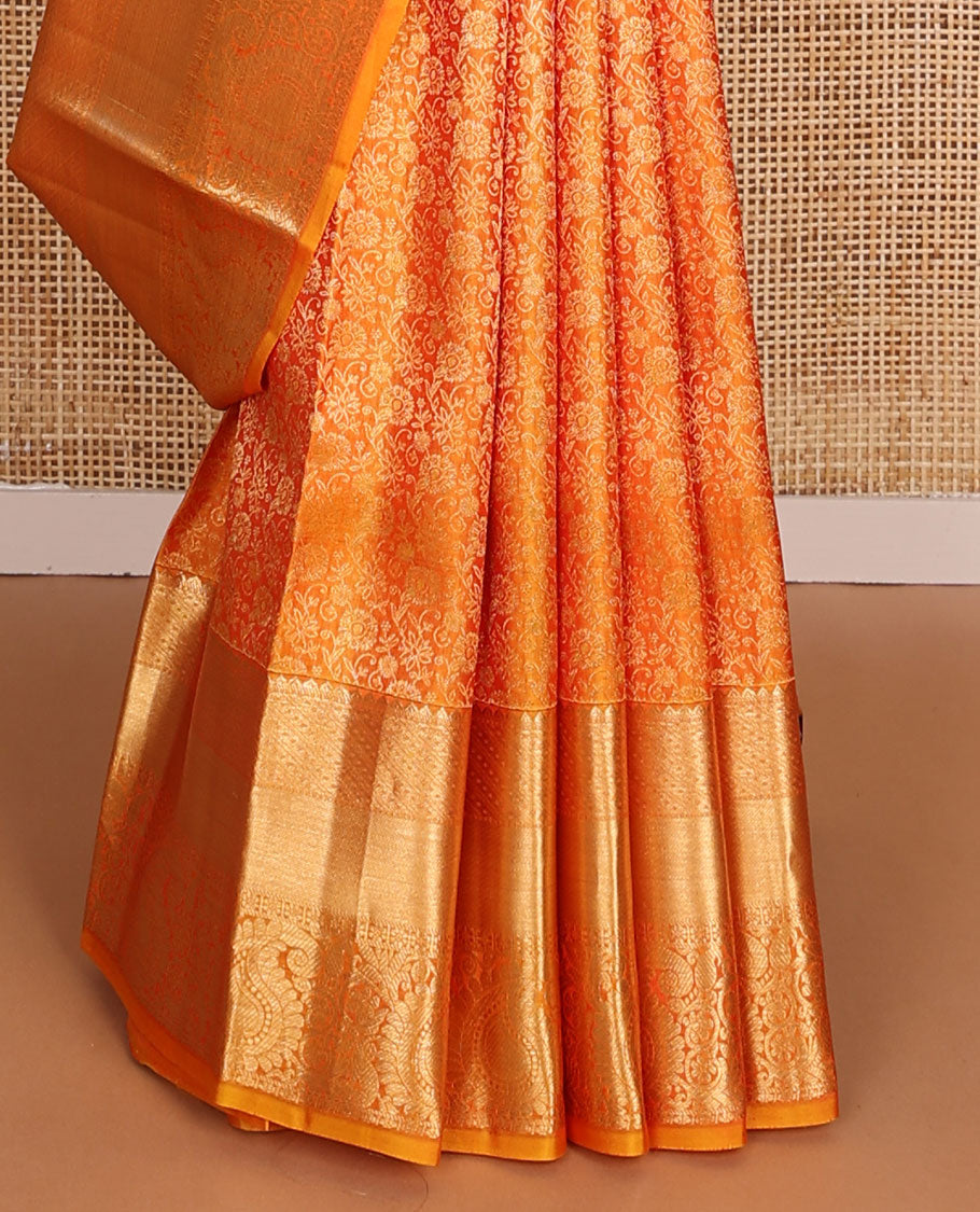 Orange floral jacquard wedding silk saree, uniquely zari woven pallu & zari border of rekku, floral & paisley designs