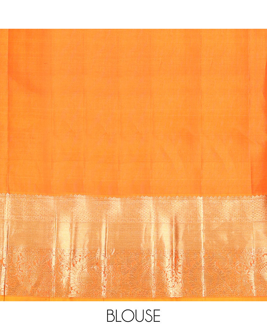 Orange floral jacquard wedding silk saree, uniquely zari woven pallu & zari border of rekku, floral & paisley designs