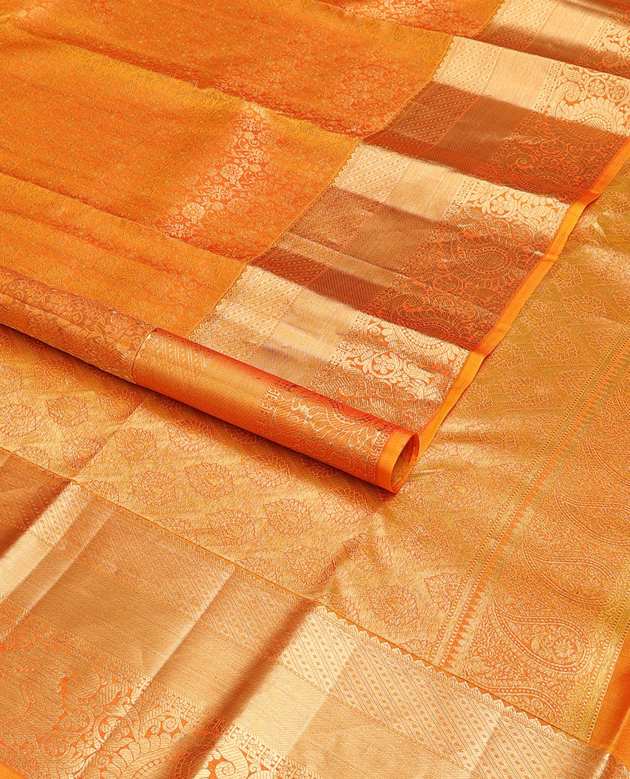 Orange floral jacquard wedding silk saree, uniquely zari woven pallu & zari border of rekku, floral & paisley designs