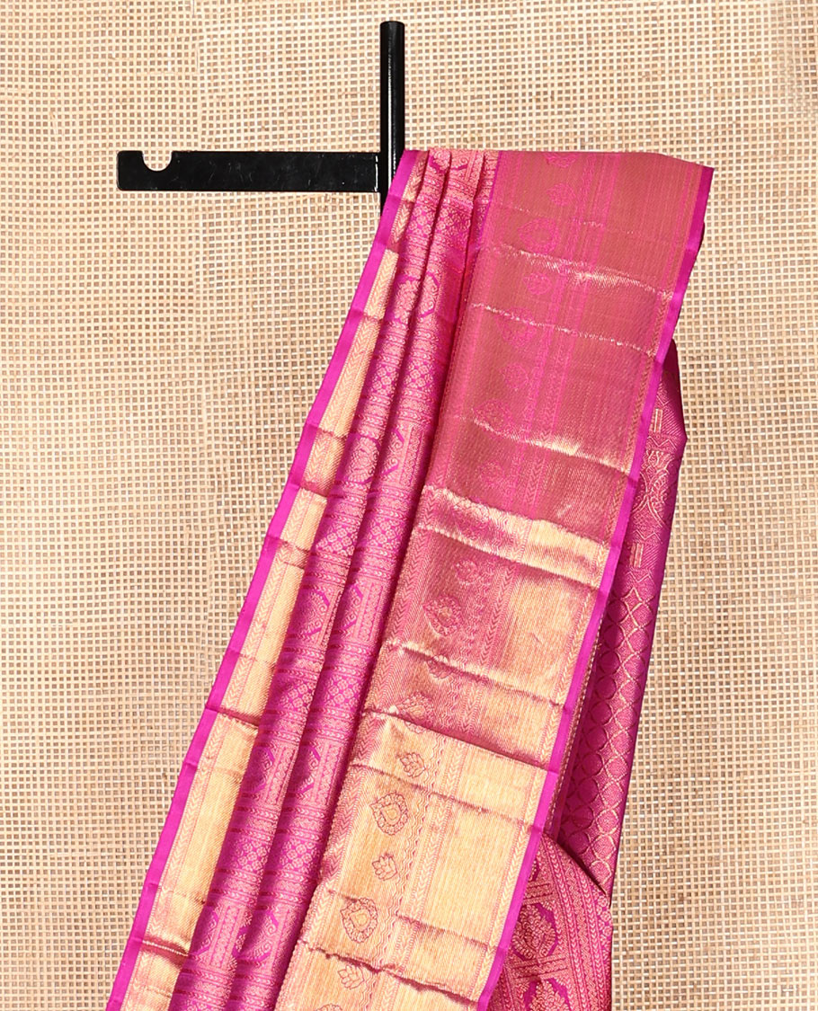 Pink Kanchipuram Wedding Silk Saree, Ornamented with Jacquard Design, a Traditional Zari Border, Grand Pallu, and a Matching Blouse