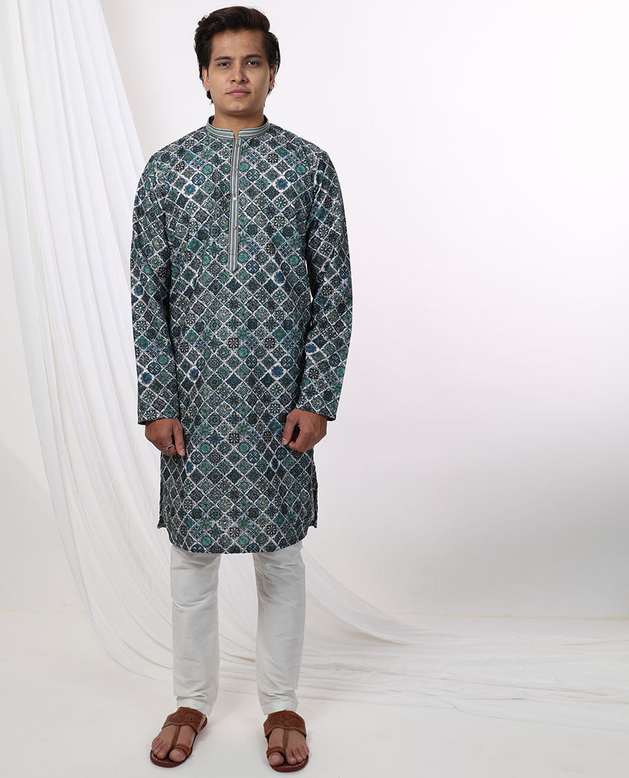 Multi-color intricate floral design mandarin collar & full-sleeve long raw silk kurta