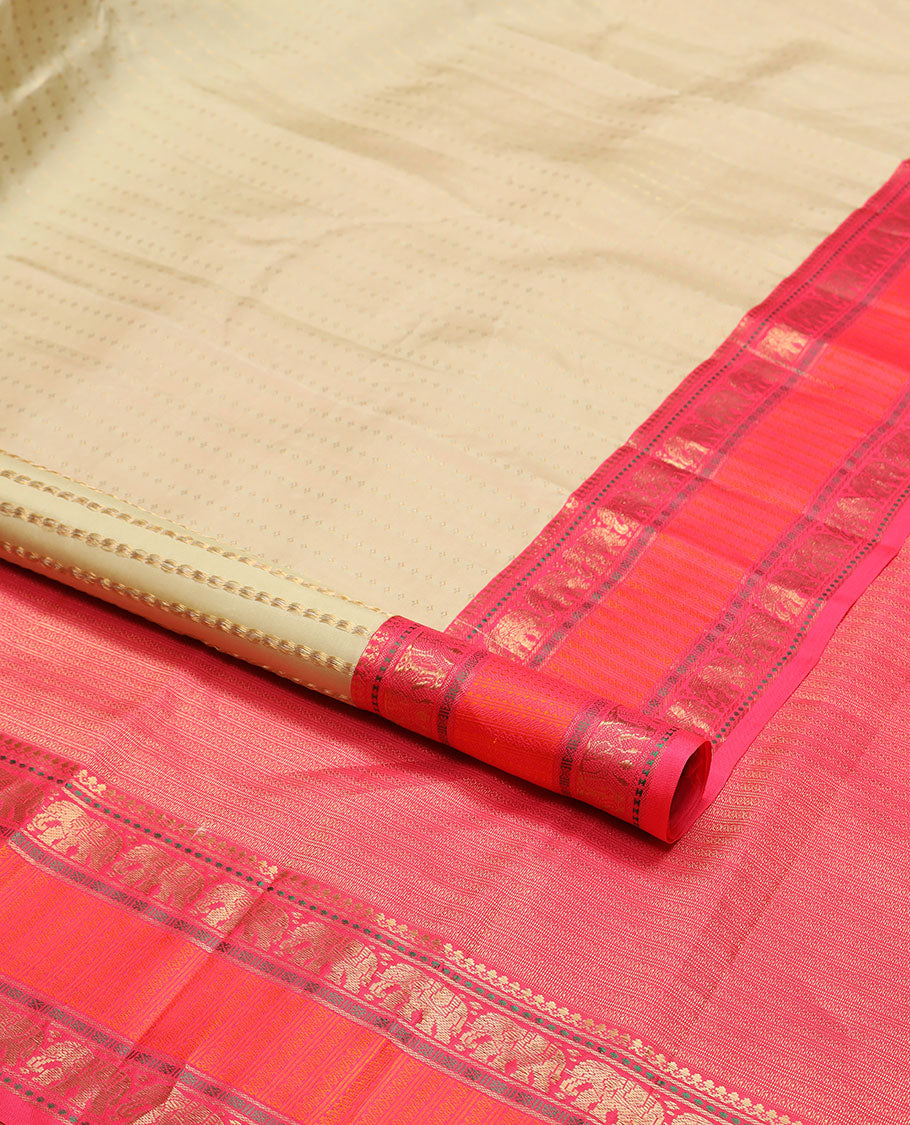 Sandal geometric design silk saree with contrast rettai pettu zari design border & zari design pallu