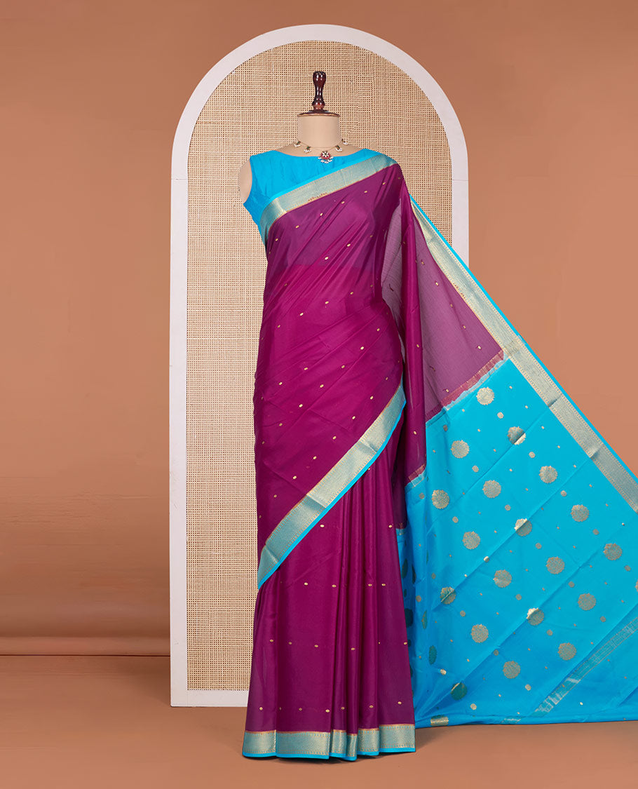 Magenta Mysore Silk Saree, Subtly Woven with Buttas All Over Its Body, Complemented by a Contrast Traditional Zari Design Border, Zari-Buttas Woven Pallu, and Paired with a Contrast Blouse