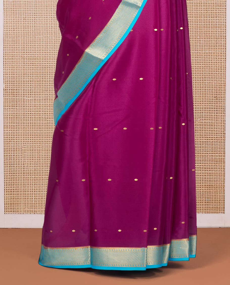 Magenta Mysore Silk Saree, Subtly Woven with Buttas All Over Its Body, Complemented by a Contrast Traditional Zari Design Border, Zari-Buttas Woven Pallu, and Paired with a Contrast Blouse