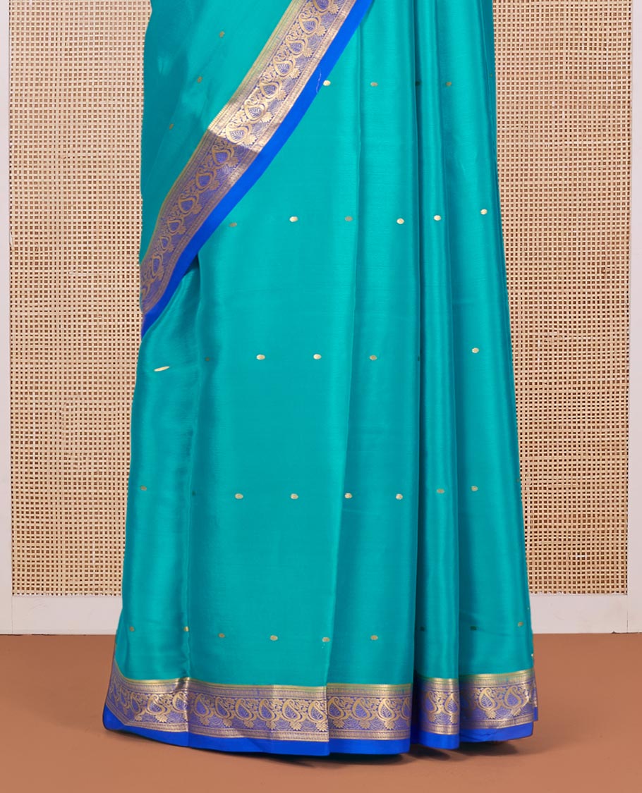 Green Mysore Silk Saree, Woven with Zari Buttas All Over Its Body, Complemented by a Contrast Traditional Zari Design Border, Zari-Buttas Woven Pallu, and Paired with a Contrast Blouse