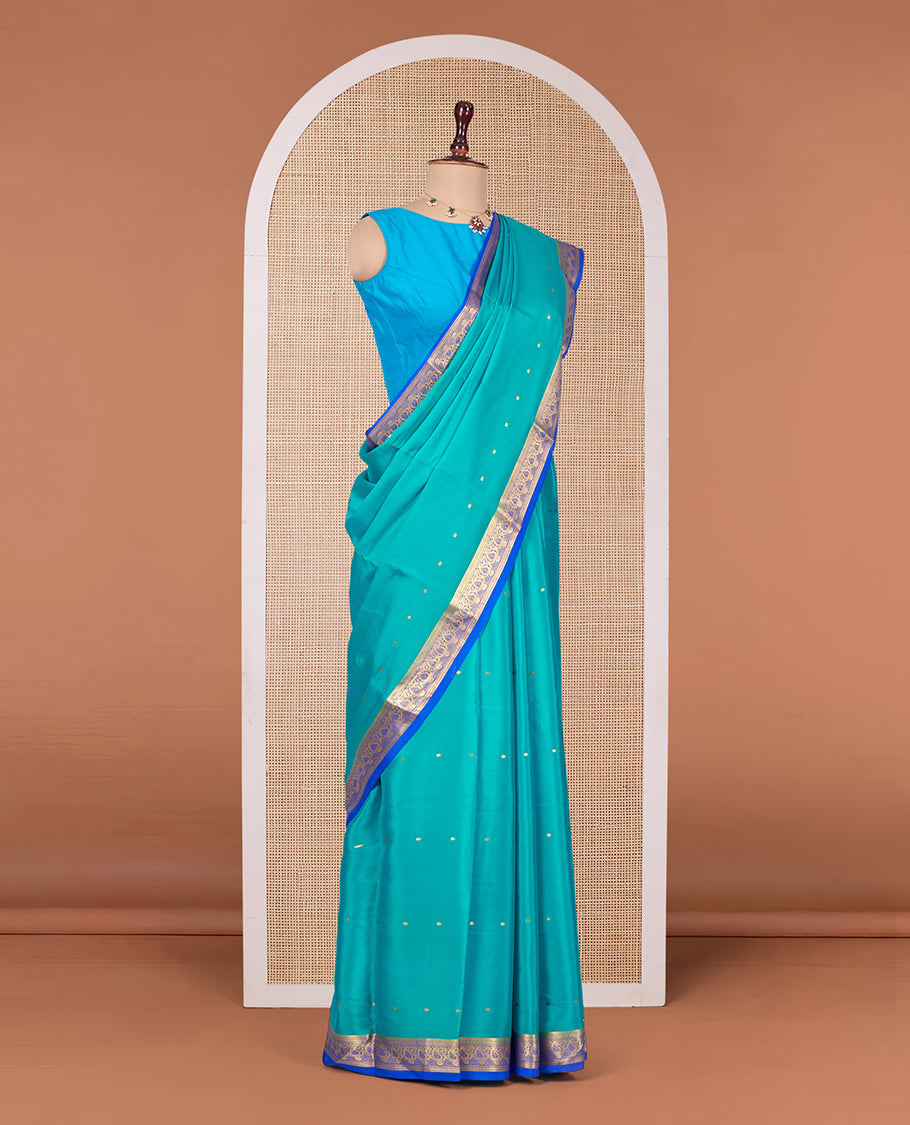 Green Mysore Silk Saree, Woven with Zari Buttas All Over Its Body, Complemented by a Contrast Traditional Zari Design Border, Zari-Buttas Woven Pallu, and Paired with a Contrast Blouse