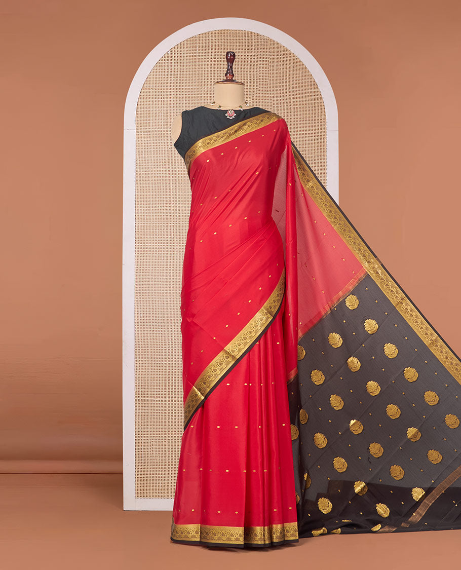 Red Mysore Silk Saree, Adorned with Zari Buttas All Over Its Body, Complemented by a Contrast Traditional Zari Design Border, Zari-Buttas Woven Pallu, and Paired with a Contrast Blouse