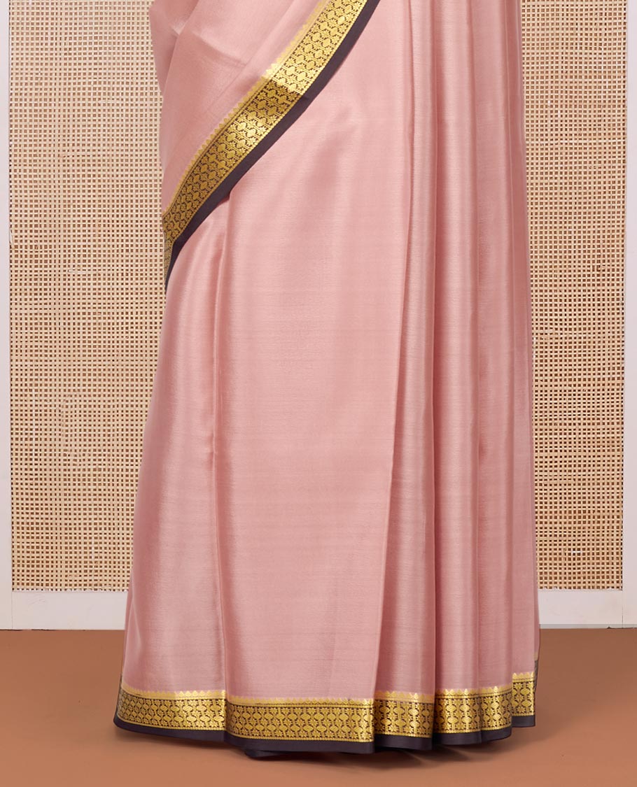 Light Pink Plain Mysore Silk Saree, Complemented by a Contrast Traditional Zari Design Border, Zari Striped Pallu, and Paired with a Contrast Blouse
