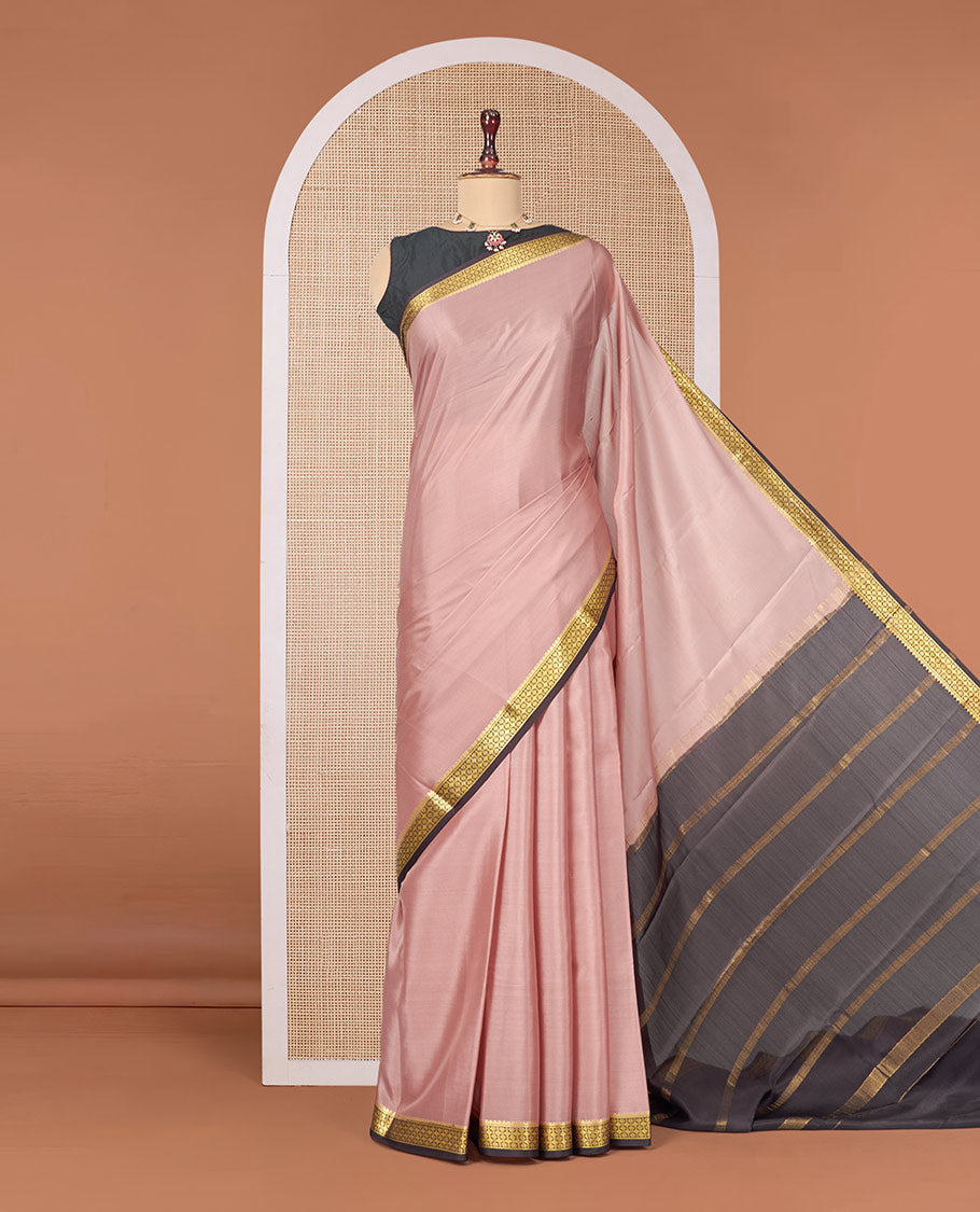 Light Pink Plain Mysore Silk Saree, Complemented by a Contrast Traditional Zari Design Border, Zari Striped Pallu, and Paired with a Contrast Blouse