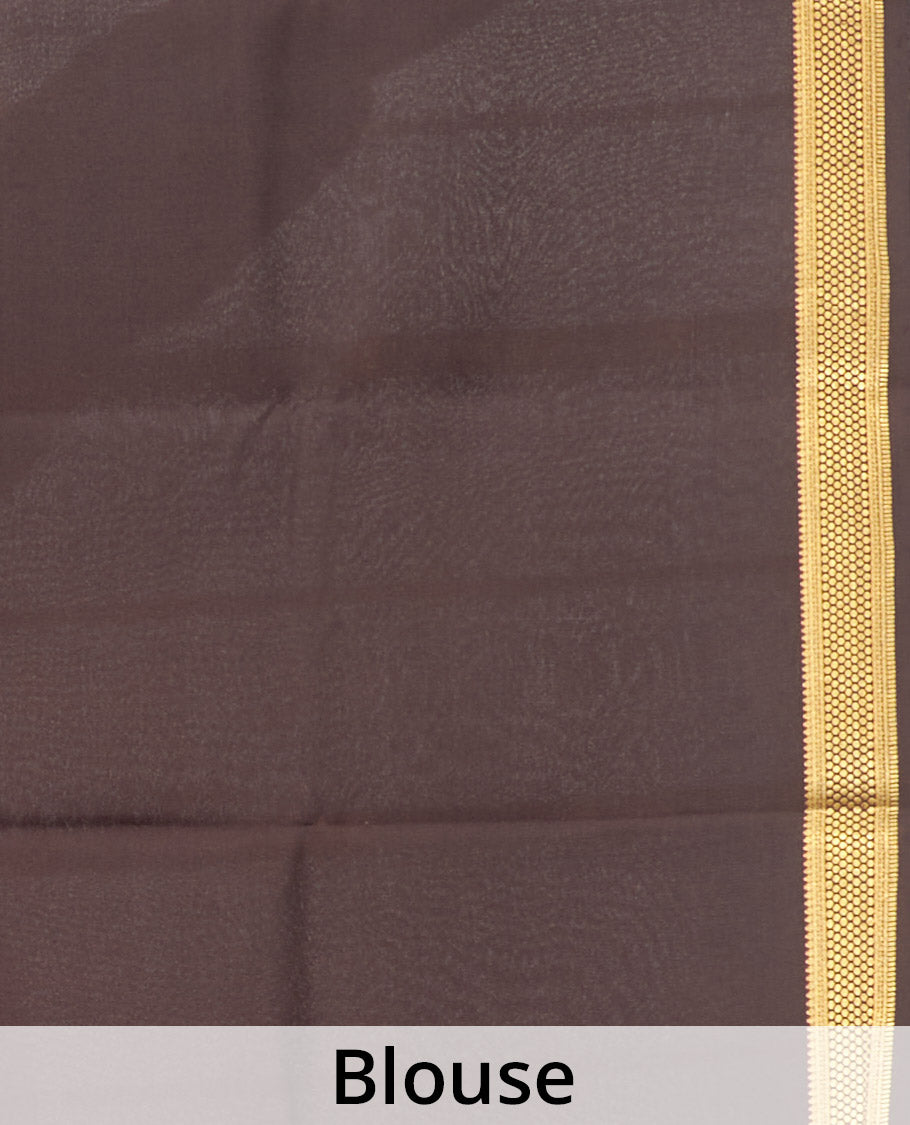 Red Plain Mysore Silk Saree, Complemented by a Contrast Traditional Zari Design Border, Zari Striped Pallu, and Paired with a Contrast Blouse