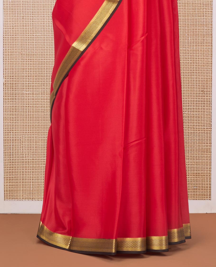 Red Plain Mysore Silk Saree, Complemented by a Contrast Traditional Zari Design Border, Zari Striped Pallu, and Paired with a Contrast Blouse